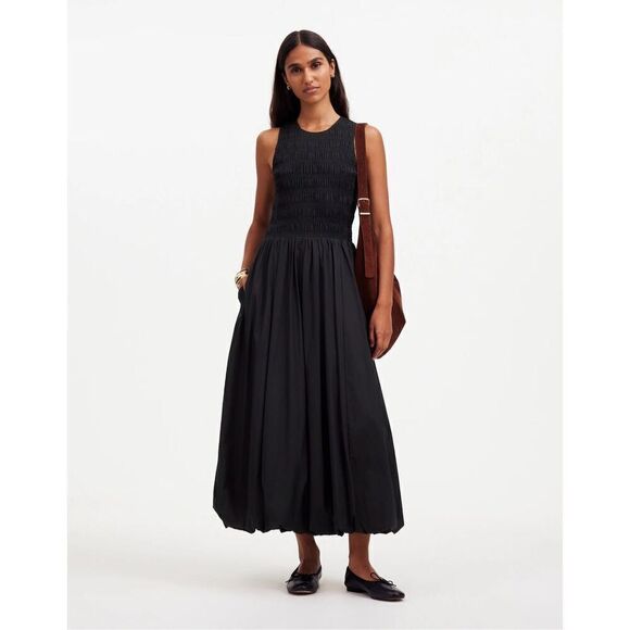 Madewell The Melody Bubble-Hem Smocked Midi Dress in Poplin True Black Size XXL - Picture 1 of 10